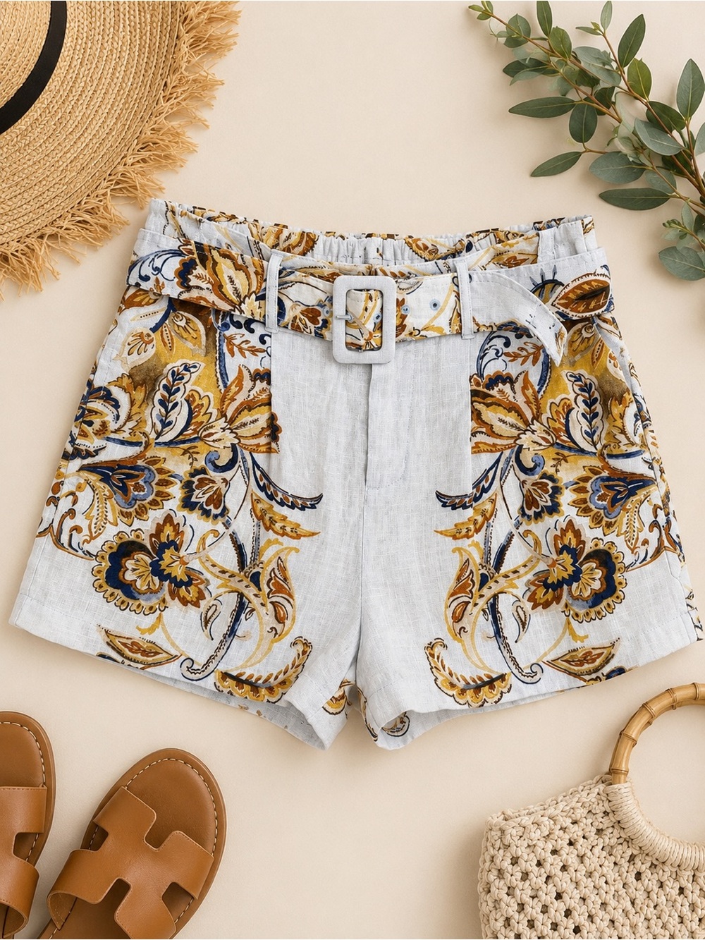 Joie 100% Linen Belted Paisley High Rise Shorts NWOT Size M
